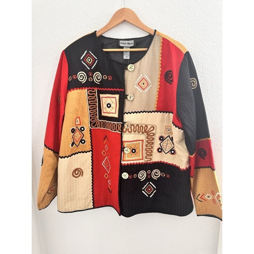 NWT INDIGO MOON Patchwork Applique Jacket 2X Button Artsy Hippie Boho Chic Aztec